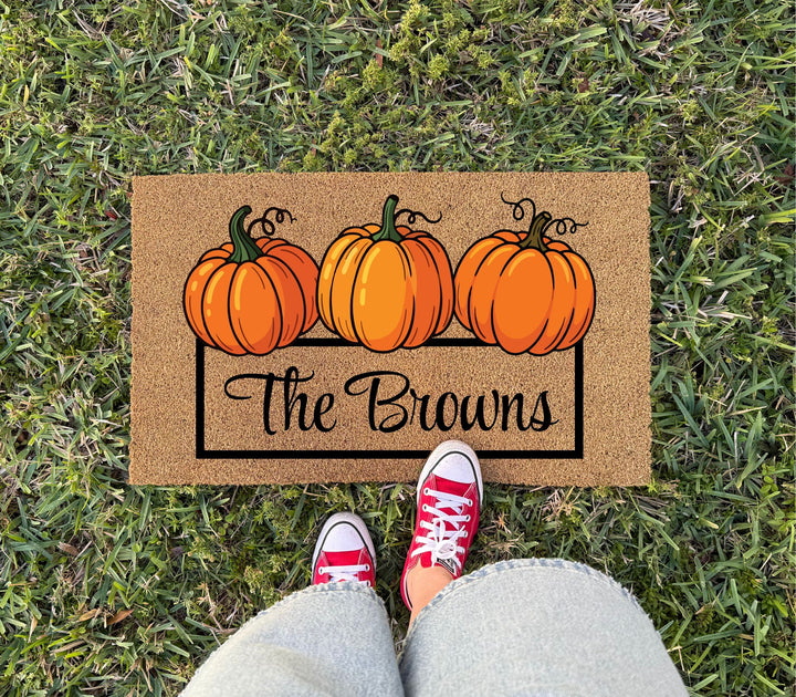 3 Pumpkins Family Name Doormat