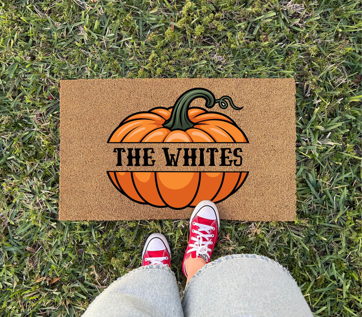 Pumpkin with Family Name Doormat