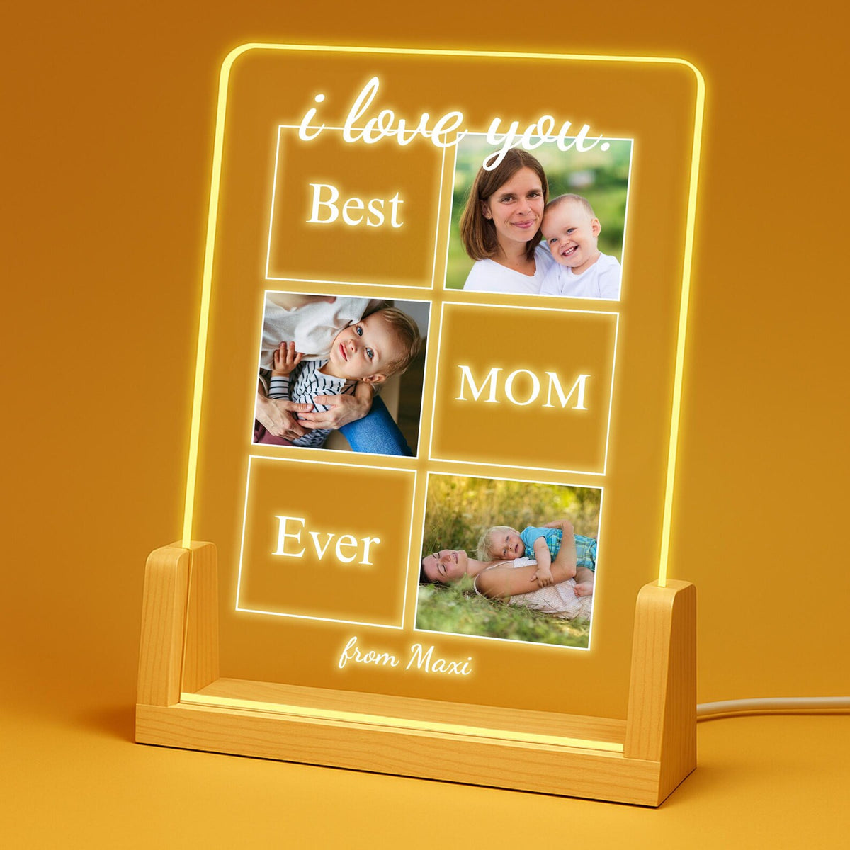 Best Mom Ever Photo Plaque shown with a lighted wooden stand