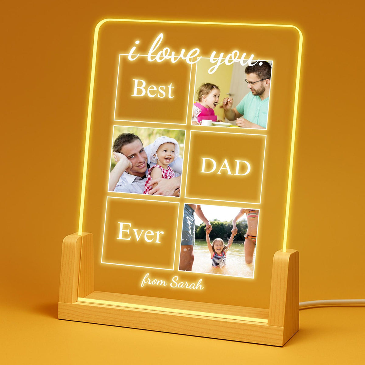 Best Dad Ever Photo Plaque shown with a lighted wooden stand