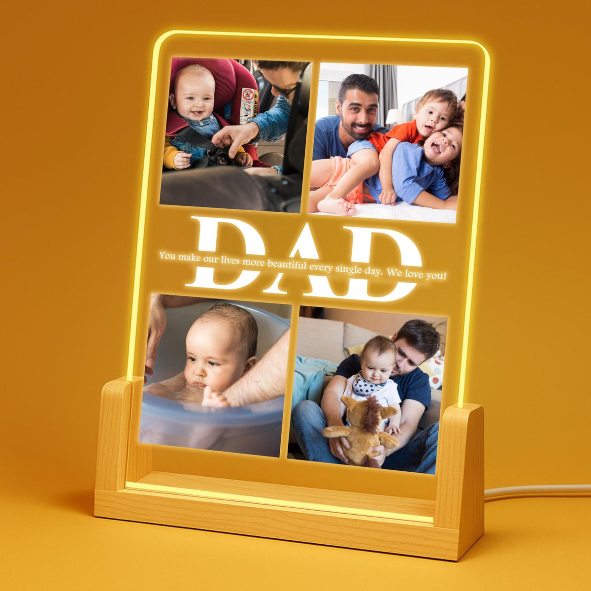 Dad Photo Collage Plaque shown with a lighted wooden stand
