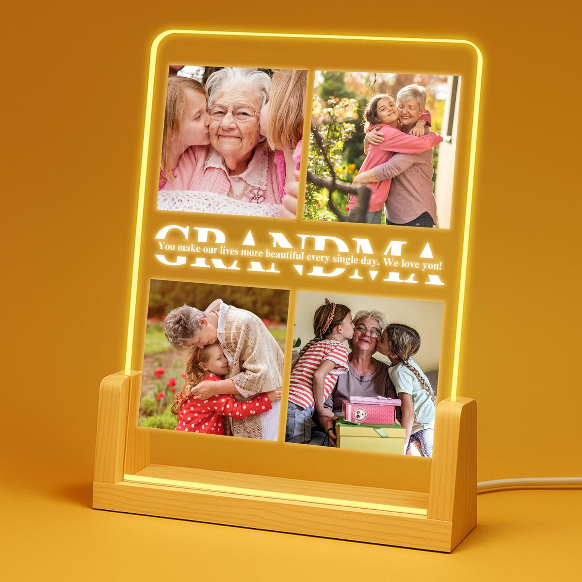 Grandma Photo Collage Plaque shown with a lighted wooden stand