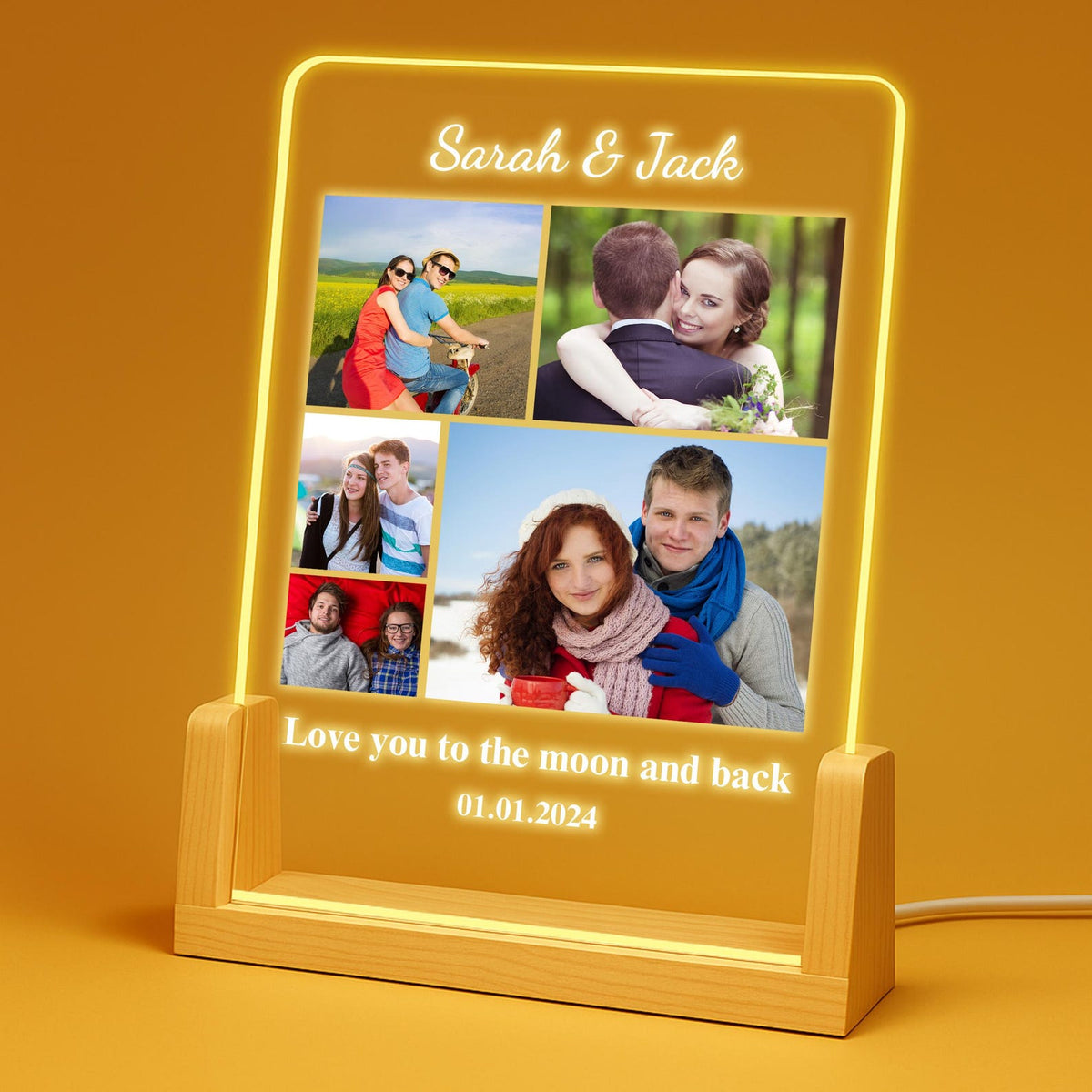 Five Photo Collage Plaque shown with a lighted wooden stand