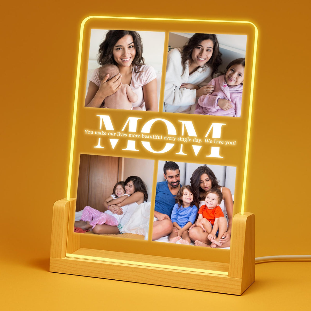 Mom Photo Collage Plaque shown with a lighted wooden stand