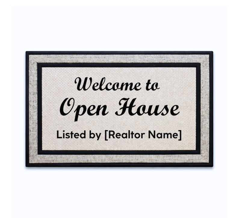 18 x 30 inch polyester doormat featuring Welcome to Open House and a personalized realtor name.