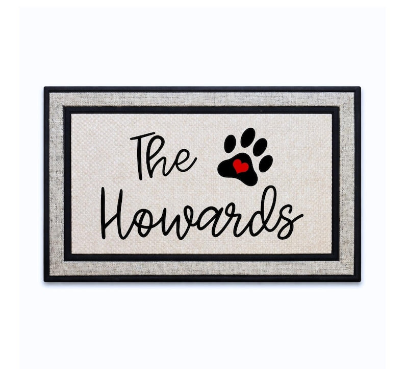 Script Family Name Paw Print Door Mat