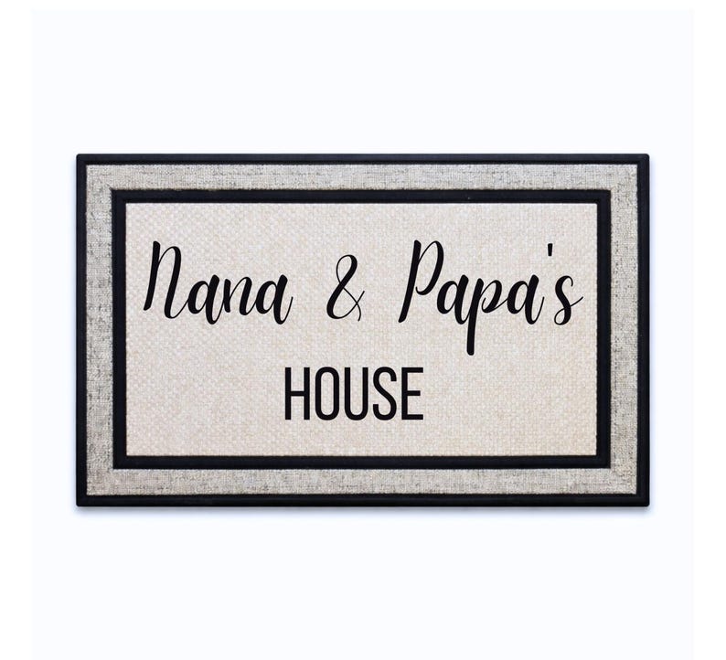18 x 30 inch polyester doormat featuring personalized grandparent names above HOUSE.