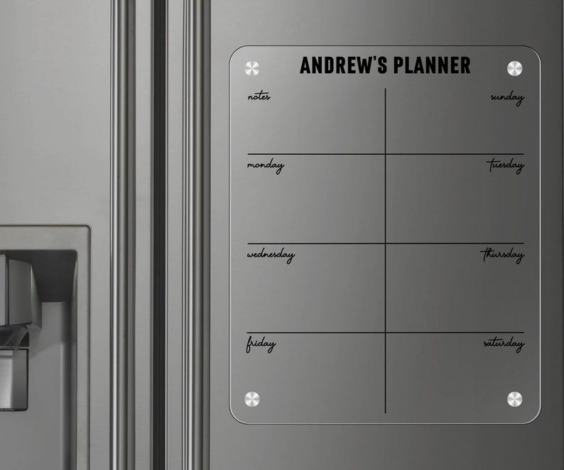 Magnetic acrylic fridge board with a spacious weekday boxes, a notes section, and a rounded border.