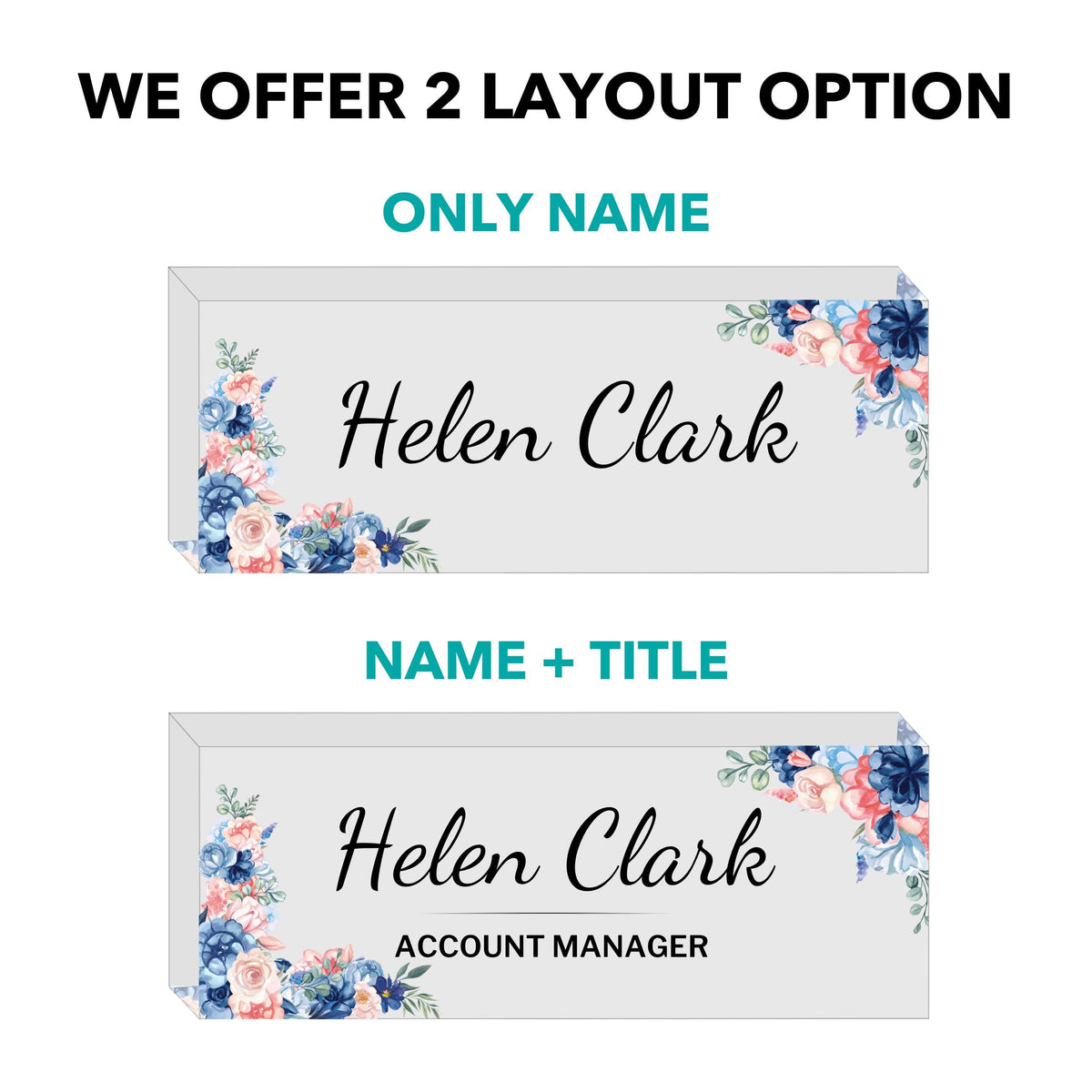 Personalized Acrylic Name Block - Blue Pink Roses