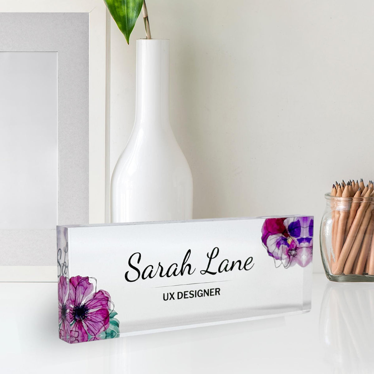 Personalized Acrylic Name Block - Blue Pink Roses