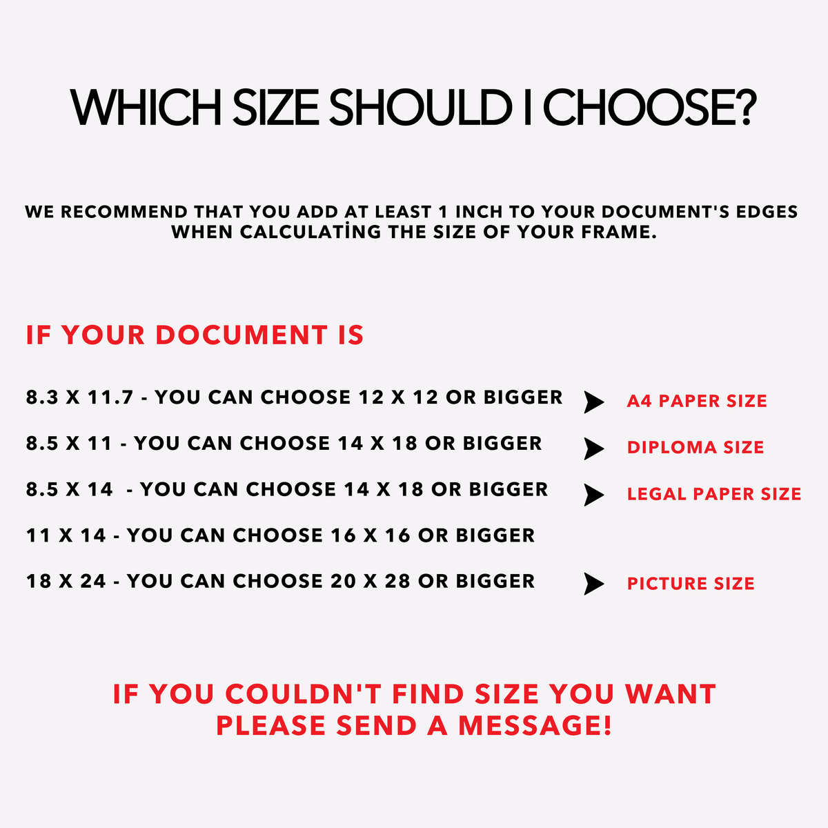 Floating acrylic frame size guide with suggested frame sizes for A4 paper, diplomas, legal paper and photographs.