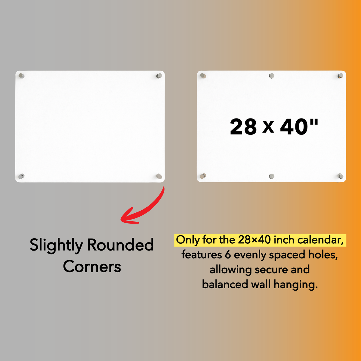 Acrylic calendar mounting diagram showing slightly rounded corners and six mounting holes for the 28 × 40 inch calendar.